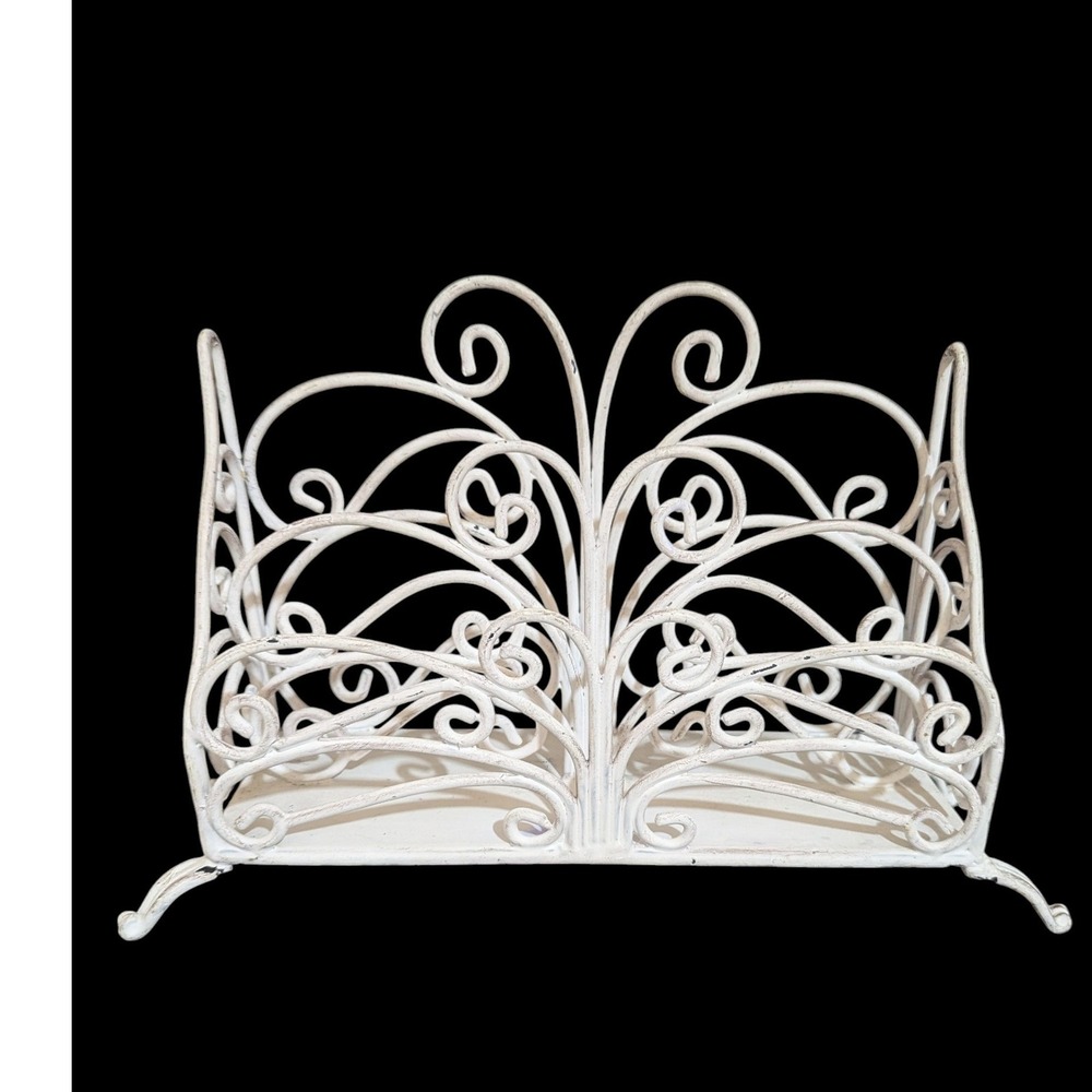 Vintage White Metal Butterfly Letter Holder Scrollwork‎ Desk Mail Organizer